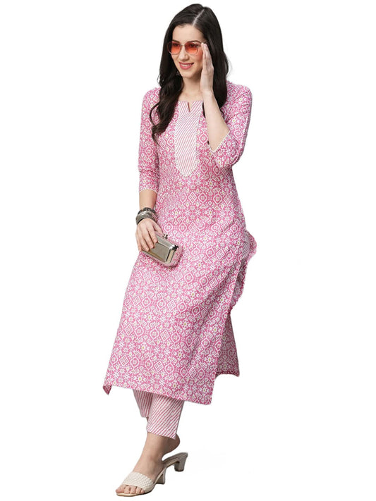 GoSriKi Women's Cotton Blend Printed Straight Kurta with Pant (Kavi Pink-Nw06-GS)