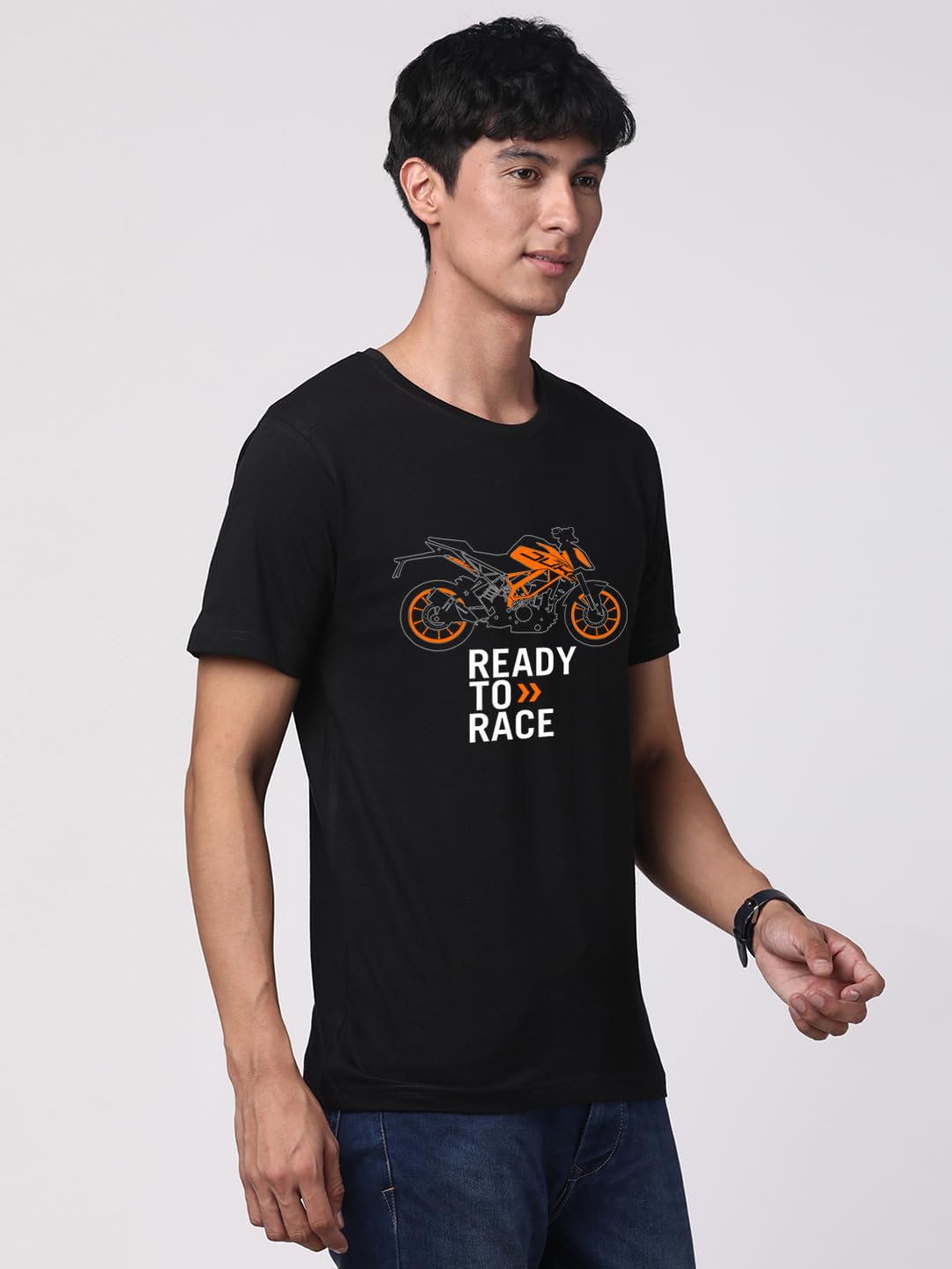 ADRO Men's Biker Design Printed 100% Cotton T-Shirt - Regular Fit, Printed T-Shirts for Men (RN24-KTM-BL_Black)