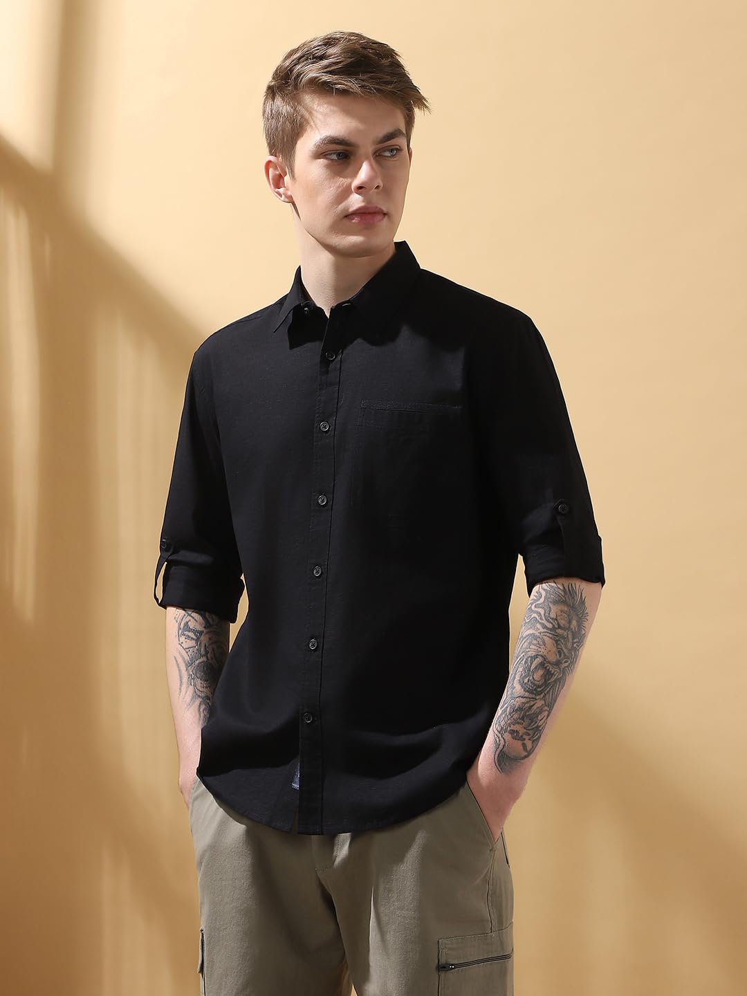 Dennis Lingo Men Regular Fit Black Full-Sleeves Cotton Casual Shirt