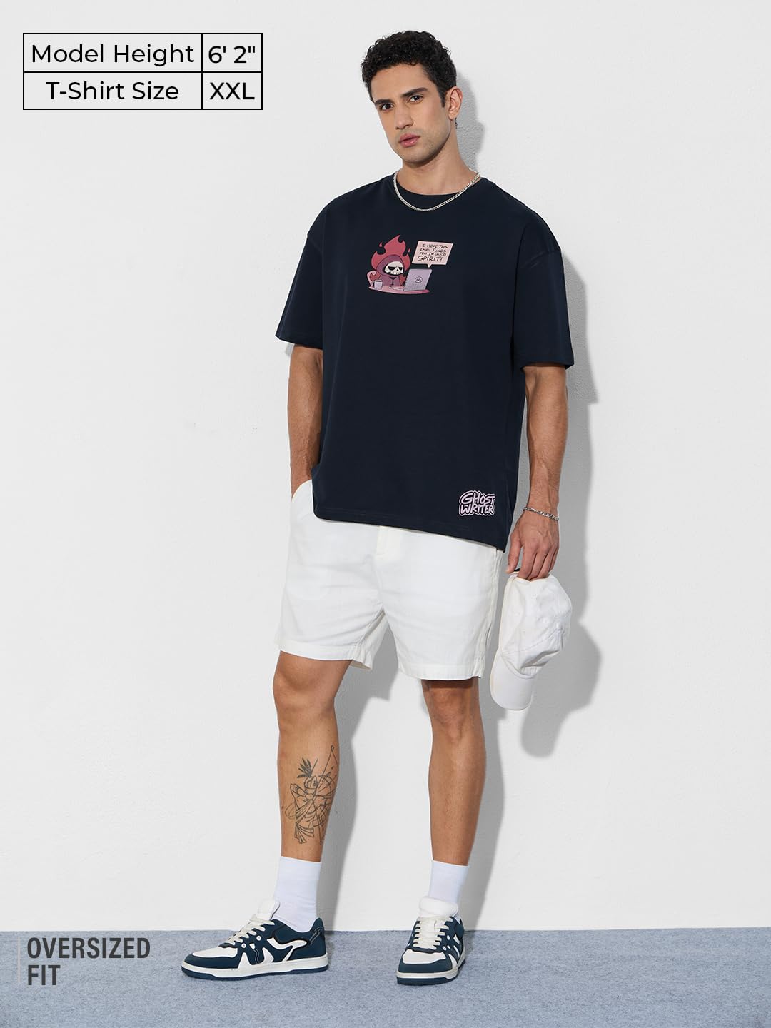 The Souled Store Original: Ghost Writer Men and Boys Short Sleeves Round Neck Navy Blue Graphic Printed Cotton Oversized T-Shirt