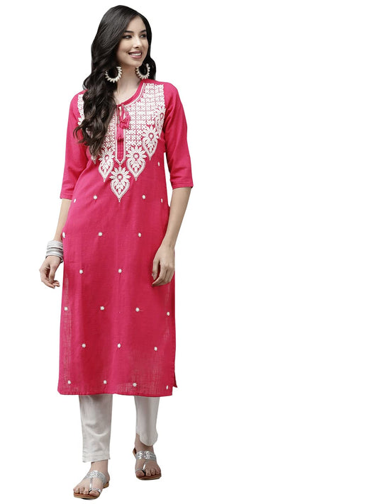 ishin Women's Cotton A-Line Embroidered Beads and Stones Floral Print Pink Kurti