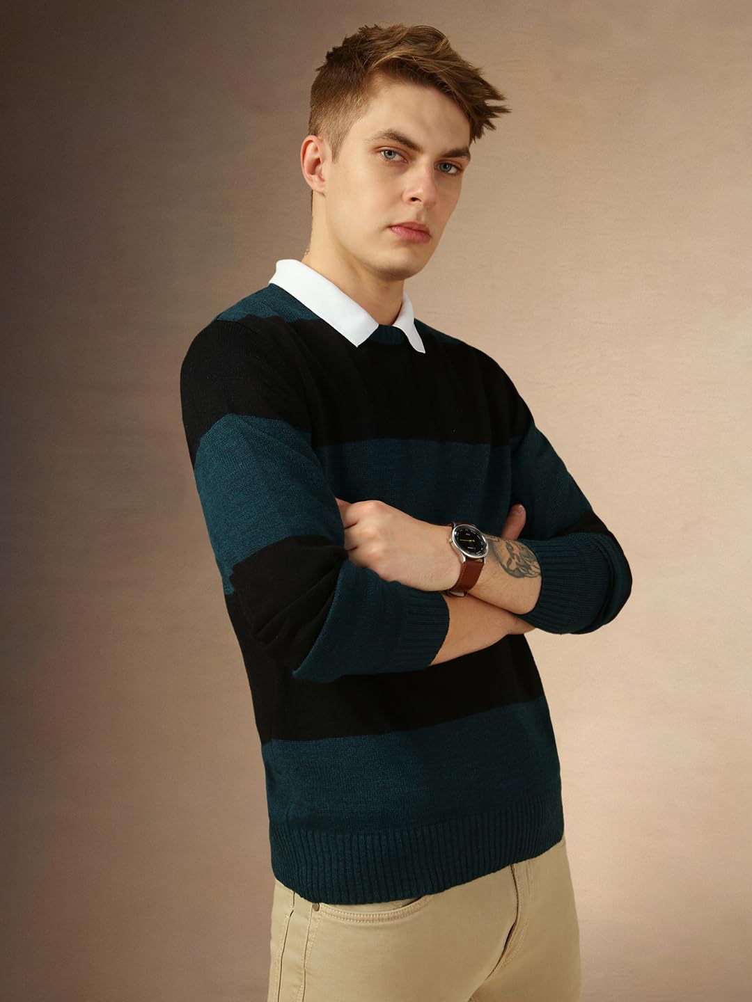 Dennis Lingo Men Black Striped Slim Fit Full Sleeve Crew Pullover Sweater