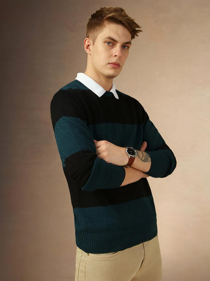 Dennis Lingo Men Black Striped Slim Fit Full Sleeve Crew Pullover Sweater