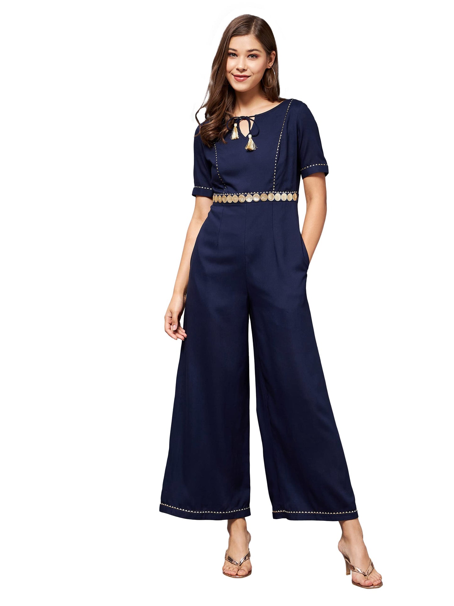 Miss Chase WomenS Navy Blue Round Neck Half Sleeve Viscose Rayon Embellished Straight Leg Regular Jumpsuit (Mcss22D15-45-71-06,