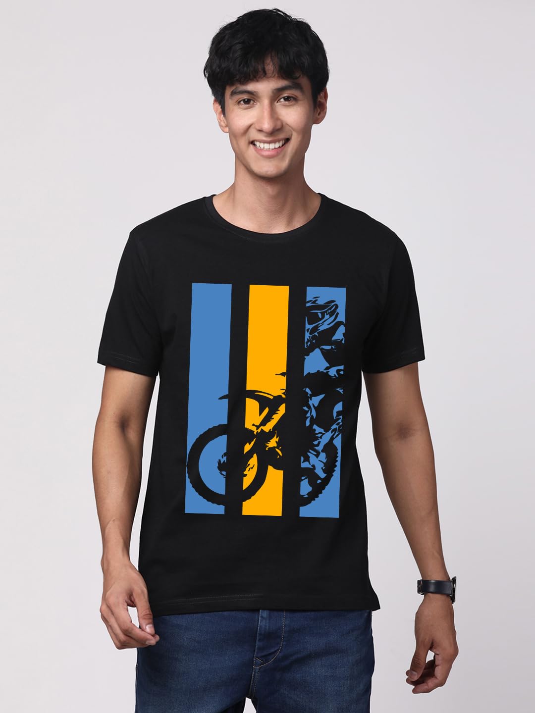 ADRO Men's Bike Rider Printed Cotton T-Shirt (RN23-M-BIK-BL_Black)