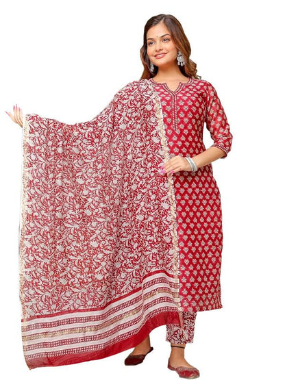 Pinkmint Women Cotton Blend Straight Printed Kurta with Pant & Dupatta Red