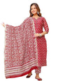 Pinkmint Women Cotton Blend Straight Printed Kurta with Pant & Dupatta Red