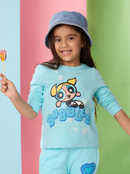 The Souled Store Official Powerpuff Girls: Girl Power Bubbles Girls Cotton Blue Graphic Print Full Sleeve T-Shirts