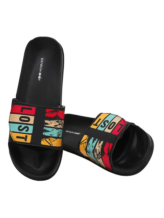 Bewakoof Mens Black Lost Printed Velcro Sliders_659664_Black_UK10