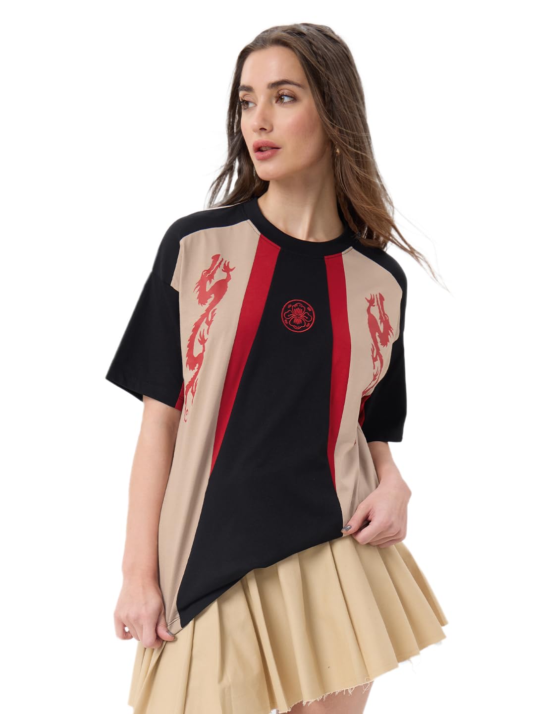 The Souled Store Dragon Warrior Women and Girls Short Sleeves V Neck Black Graphic Printed Cotton Oversized T-Shirts
