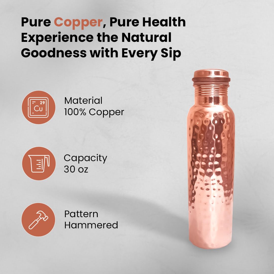 STORE INDYA 100% Pure Copper Drinking Water Bottle, 30 Oz, Handcrafted Hammered Ayurvedic Vessel with Leak-Proof Lid, Smooth Finish, Perfect for Health Benefits and Hydration