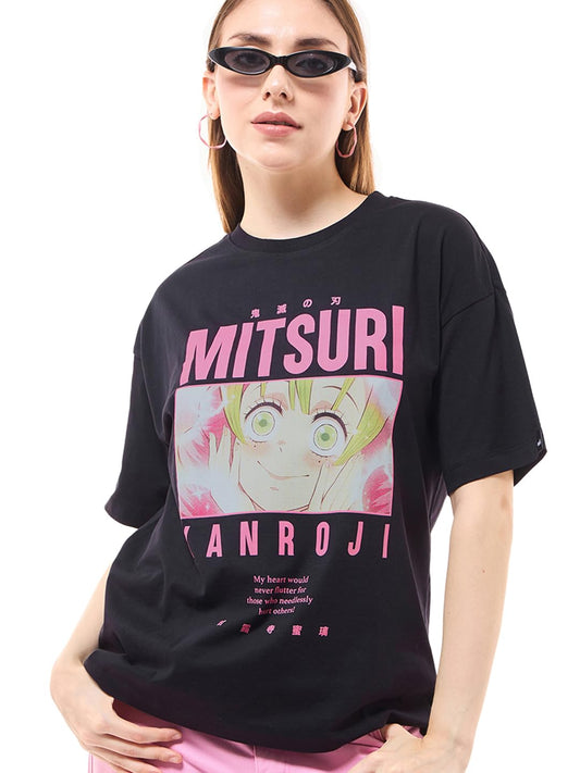 Bewakoof Official Demon Slayer Merchandise Mitsuri Kanroji Womens Graphic Print Oversized Fit Half Sleeve Round Neck Cotton T-S