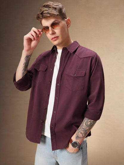 Dennis Lingo Solid Full Sleeves Spread Collar Cotton Relaxed Fit Men Casual Shirt Maroon