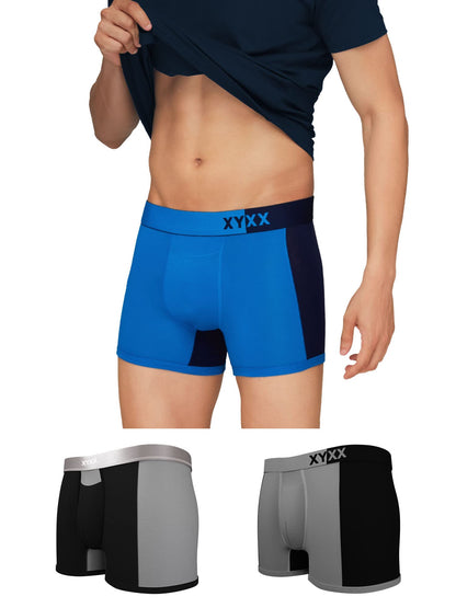 XYXX Mens Underwear Dualist IntelliSoft Antimicrobial Micro Modal Trunk Pack of 3 (Brilliant Blue & Black Iris ; Steel Grey & B