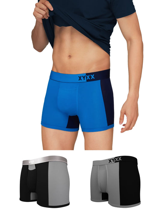 XYXX Mens Underwear Dualist IntelliSoft Antimicrobial Micro Modal Trunk Pack of 3 (Brilliant Blue & Black Iris ; Steel Grey & B