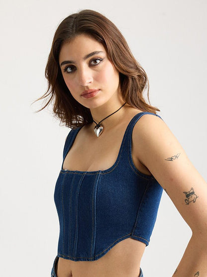 Shasmi Womens Solid Slim Fit Cotton Blouse Square Neck Denim Crop Top 158_Blue