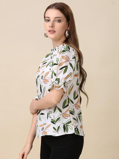 Gufrina WomenS Rayon Top With Half Sleeves High Round Neck Floral Printed Regular Fit Western Style And Standard Length