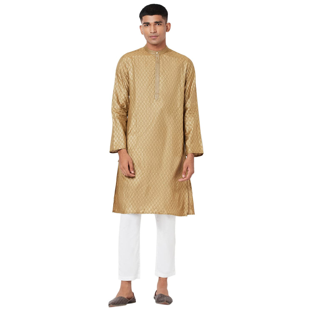 Fabindia MenS Silk Printed Slim Kurta_Olive_S