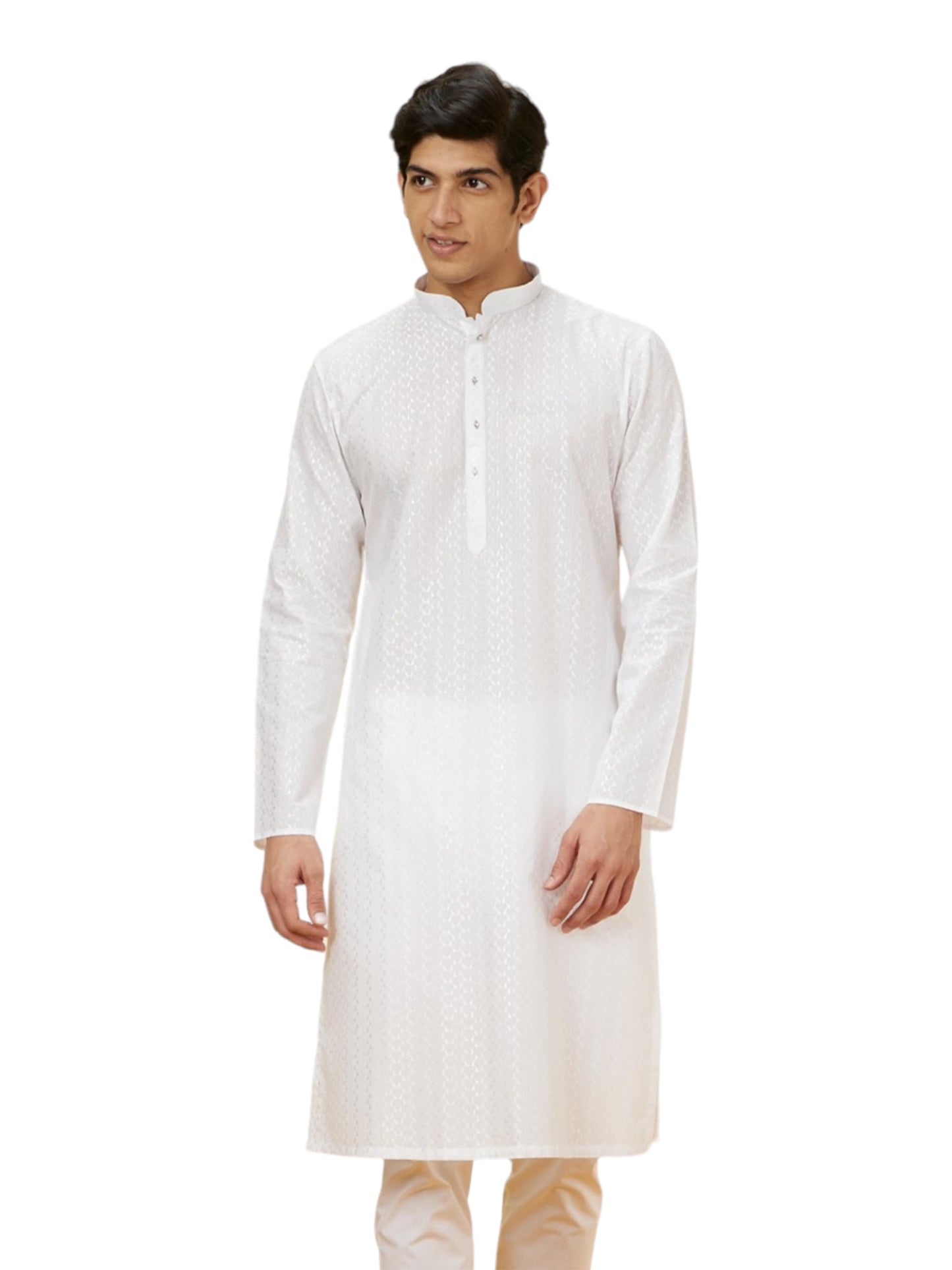 Manyavar MenS White Cotton Self Design Kurta Pyjama Set