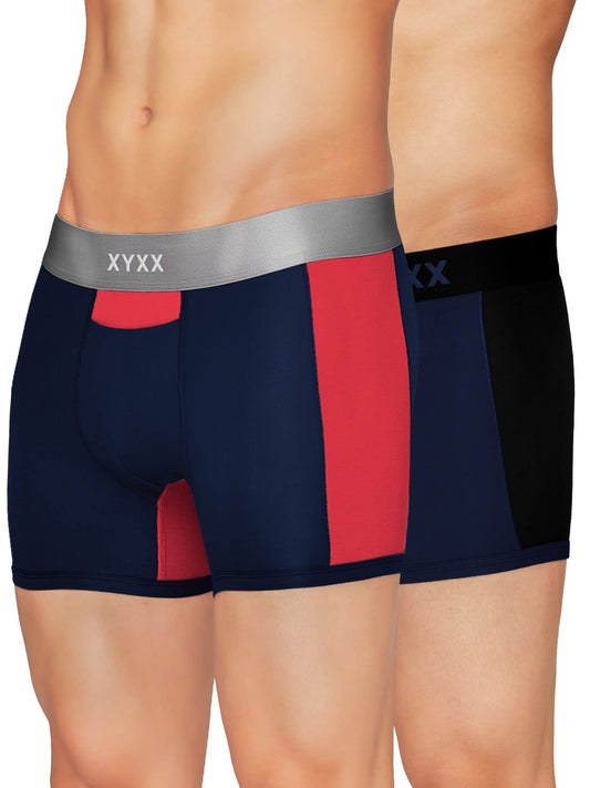 XYXX Mens Underwear Dualist IntelliSoft Antimicrobial Micro Modal Trunk Pack of 2 (Black Iris & Black ; Black Iris & Tango Red;