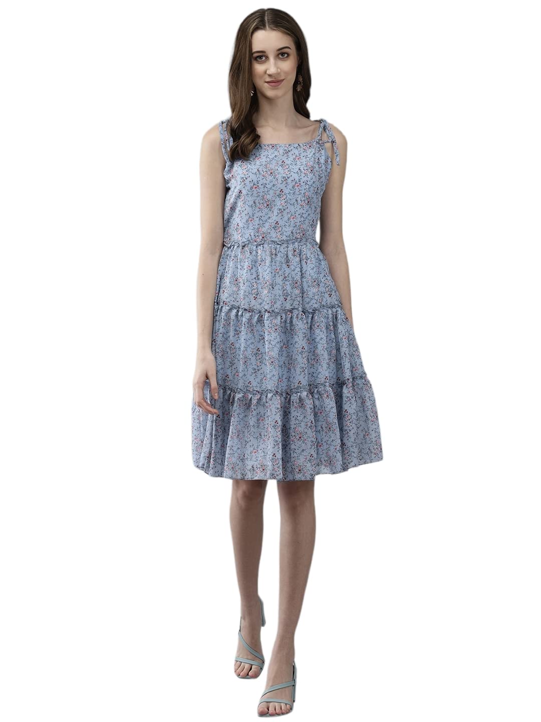 Aarika Womens Blue Color Georgette Printed Dress (DR-AW-039-BLUE-S)