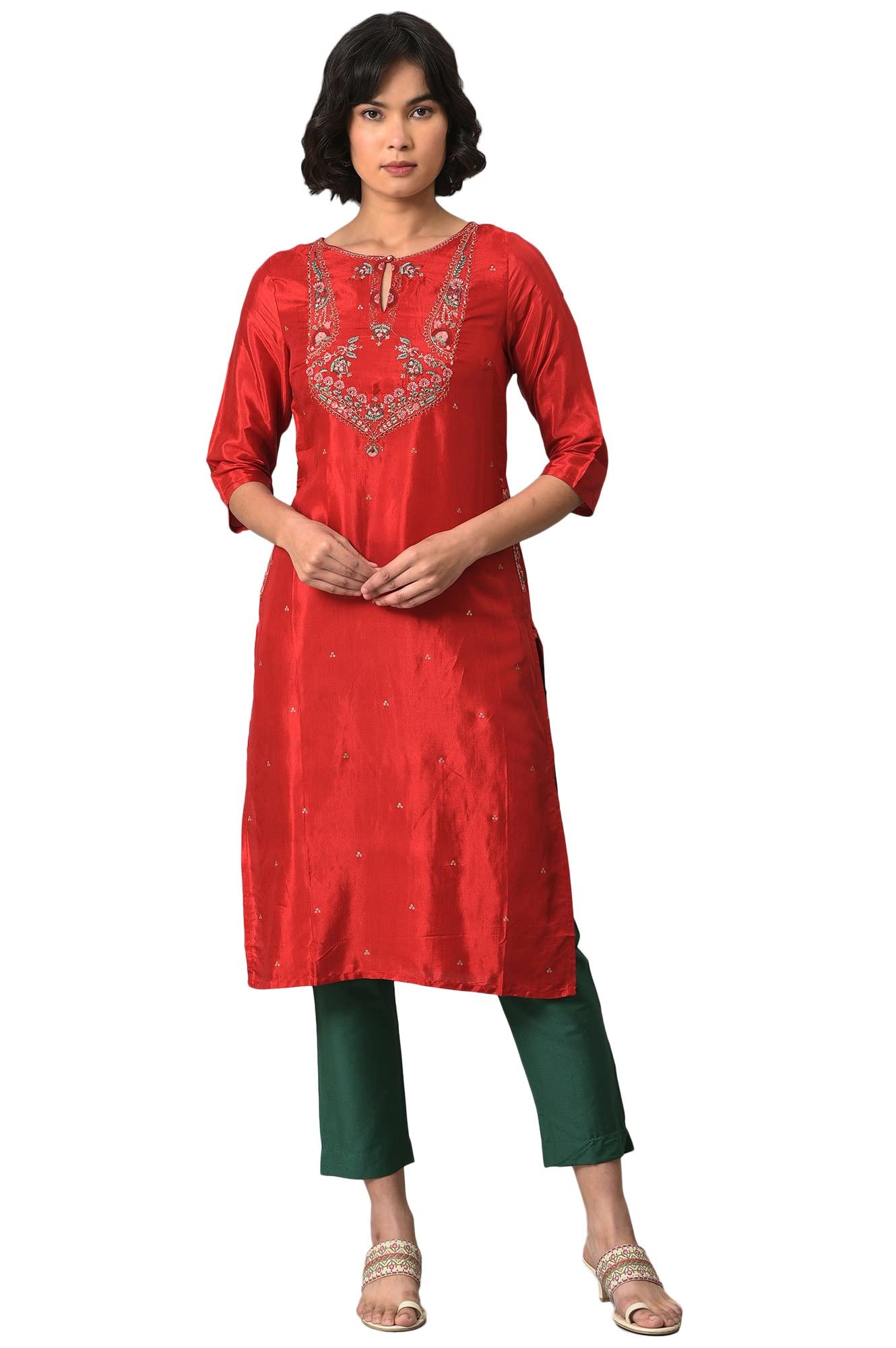 W For Woman Red Embroidered Regular Kurta With Glitter Accents