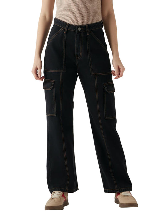 Bewakoof Women Solid Wide Leg 100% Cotton Cargo Jeans_646618_Black_34