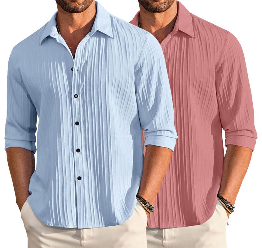 Deelmo Combo Of MenS Casual Button Down Shirts Long Sleeve Linen Shirt Fashion Textured Summer Shirts Pack Of 2