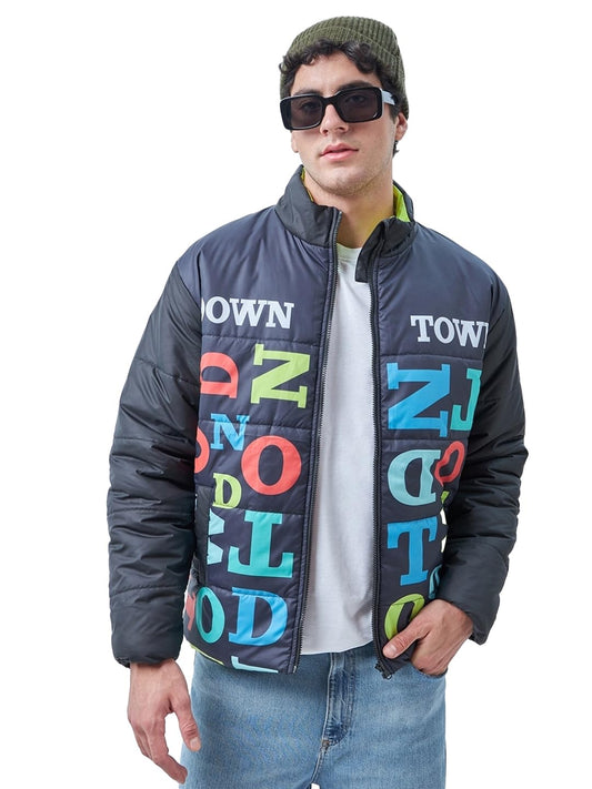 Bewakoof MenS Typography Oversized Full Sleeve High Neck Nylon Jacket_597101_Black_Xl