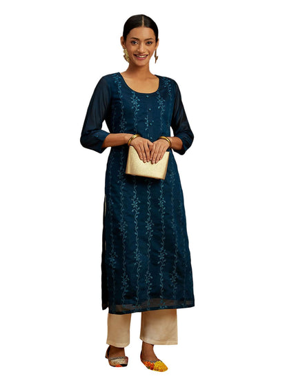 Libas WomenS Chanderi Silk Embroidered Straight Kurta (58007_Teal