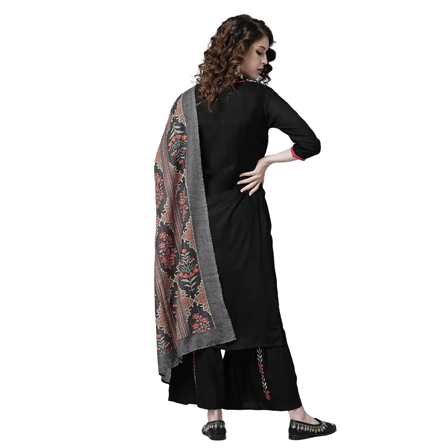 ishin Women's Viscose Rayon Black Embroidered & Thread Work A-Line Kurta Suit Set with Dupatta & Sharara