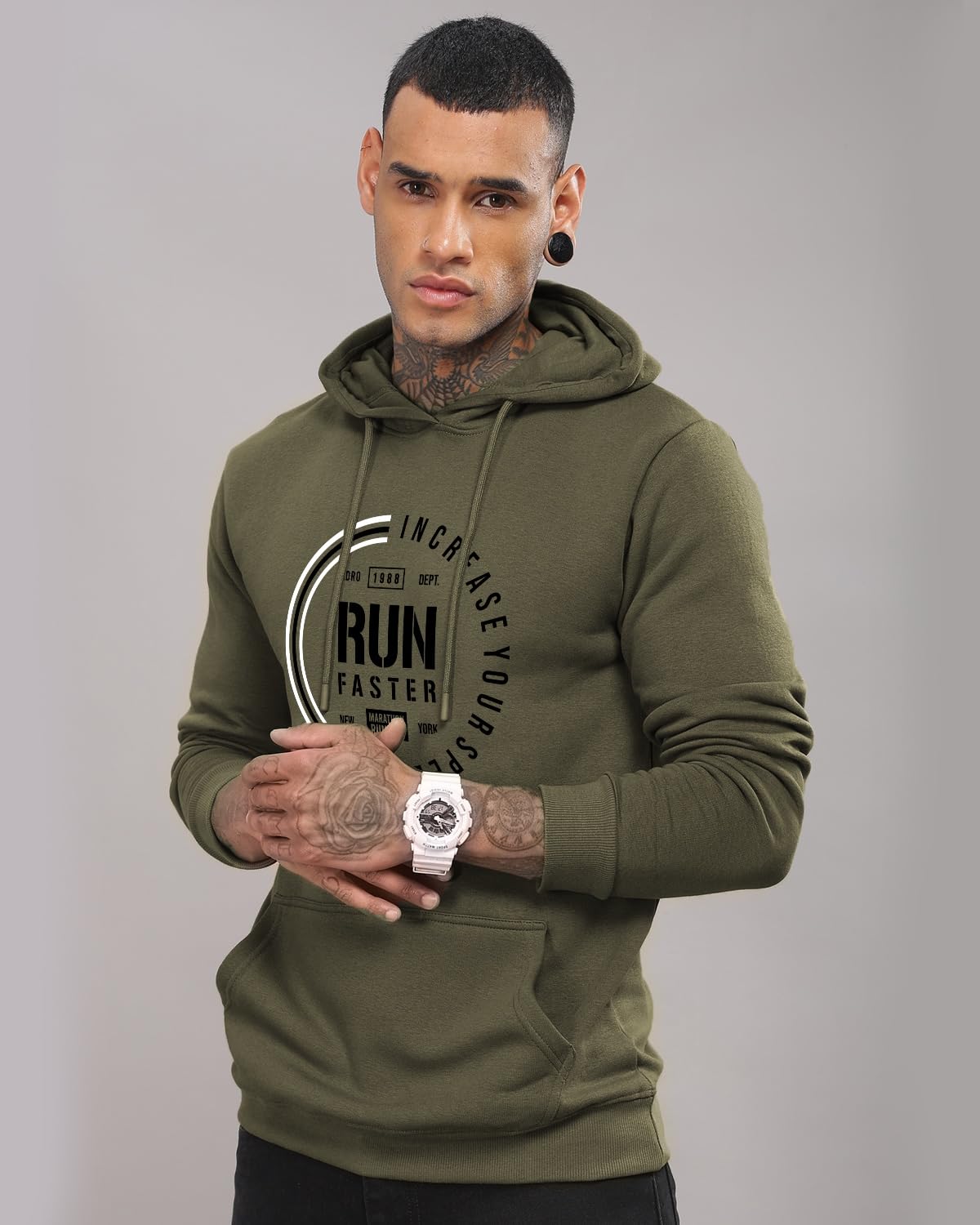 ADRO Men's Cotton Neck Hooded Sweatshirt (H24-FAST-OL_Olive