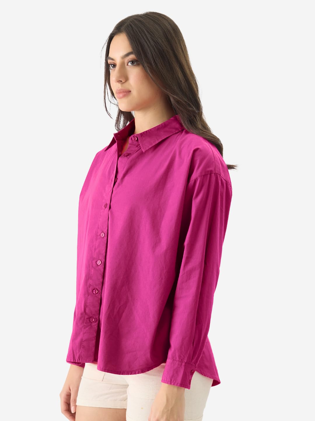 The Souled Store| Solids: Hot Pink Womens and Girls Shirts|Full Sleeve|Loose fit Solid |100% Cotton Pink Women Boyfriend Shirts