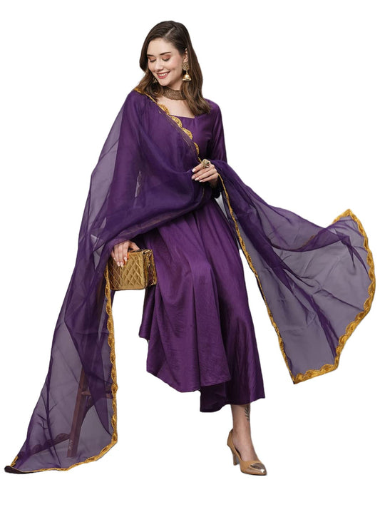 GoSriKi Women's Cotton Blend Anarkali Solid Kurta with Pant & Dupatta (Mini-BEGANI-GS)