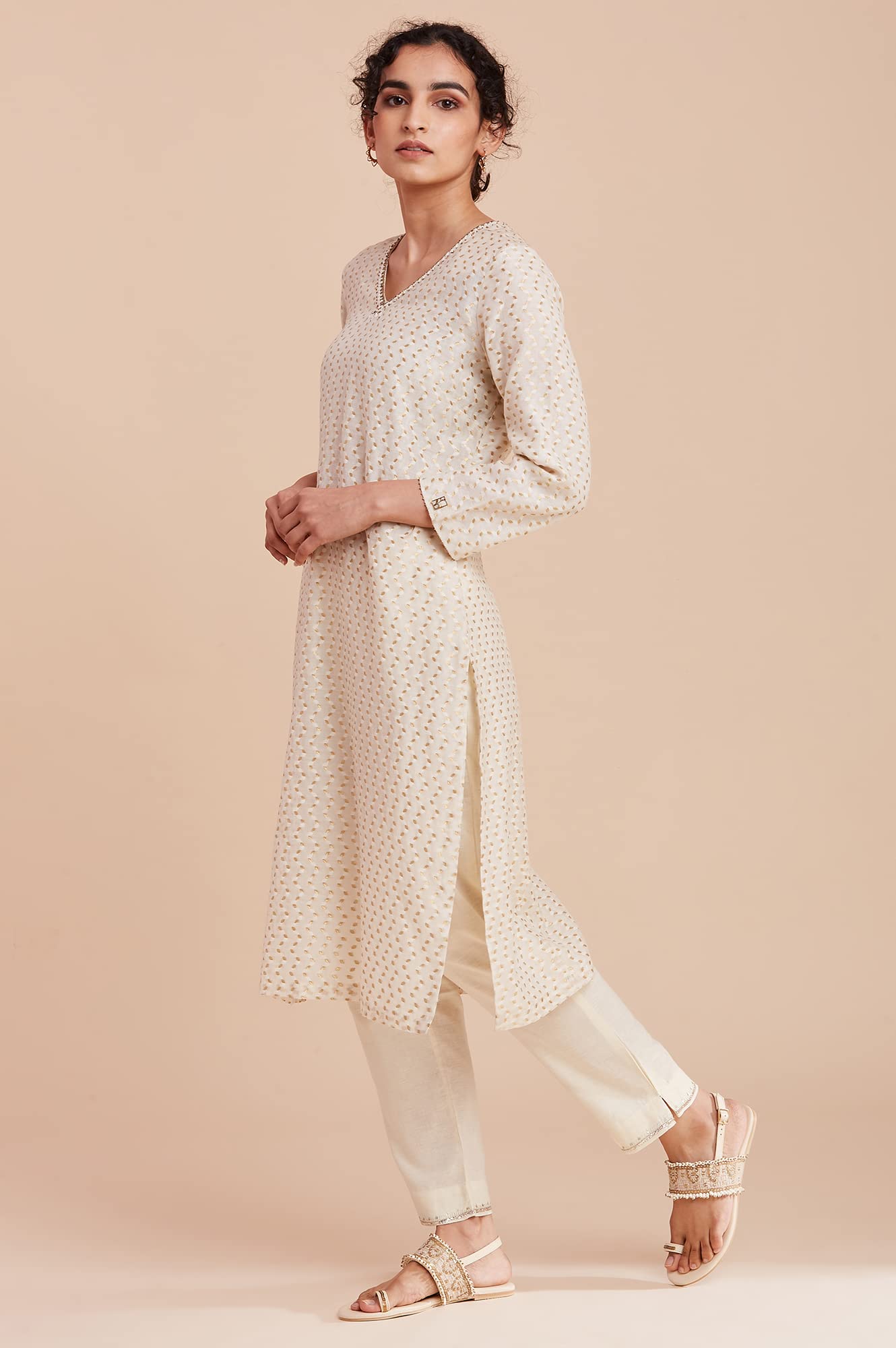 W for Woman Ecru and Gold Jacquard Kurta