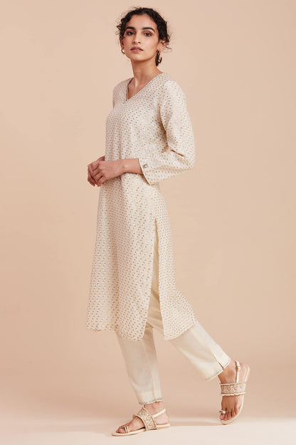 W for Woman Ecru and Gold Jacquard Kurta