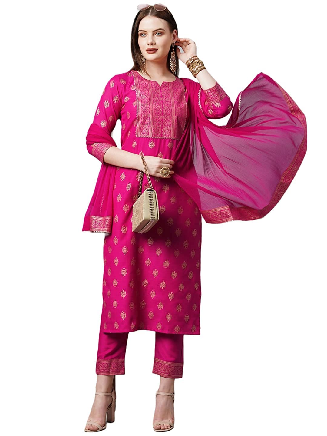 Gosriki WomenS Cotton Straight Kurta With Pant & Dupatta (Kptd-Cot-10132-Pink_M-Gs_Pink_Medium)