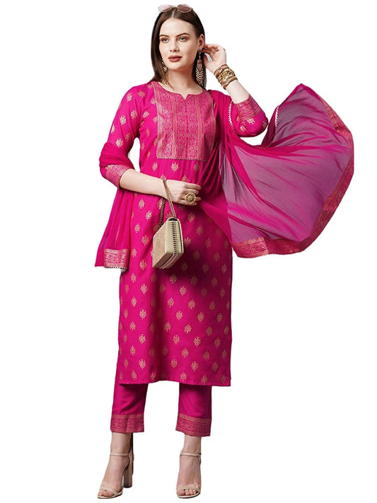 Gosriki WomenS Cotton Straight Kurta With Pant & Dupatta (Kptd-Cot-10132-Pink_M-Gs_Pink_Medium)