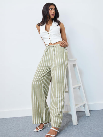 The Souled Store: Mustang Women and Girls Drawstringed Green Vertical Stripes Cotton Linen Blend Straight Fit Pants