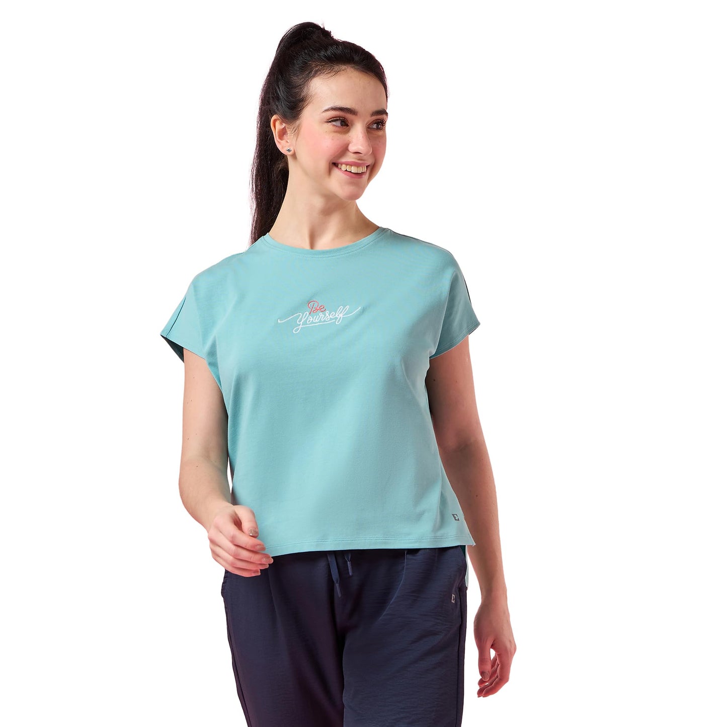 Enamor Womens Solid Relaxed Fit T-Shirt (E3G7_Marine Blue Be Yourself