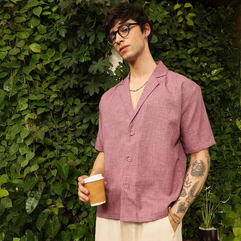 Campus Sutra Mens Brick Red Heathered Korean Oversized Shirt for Casual Wear | Lapel Collar | Short Sleeve | Button Closure | O