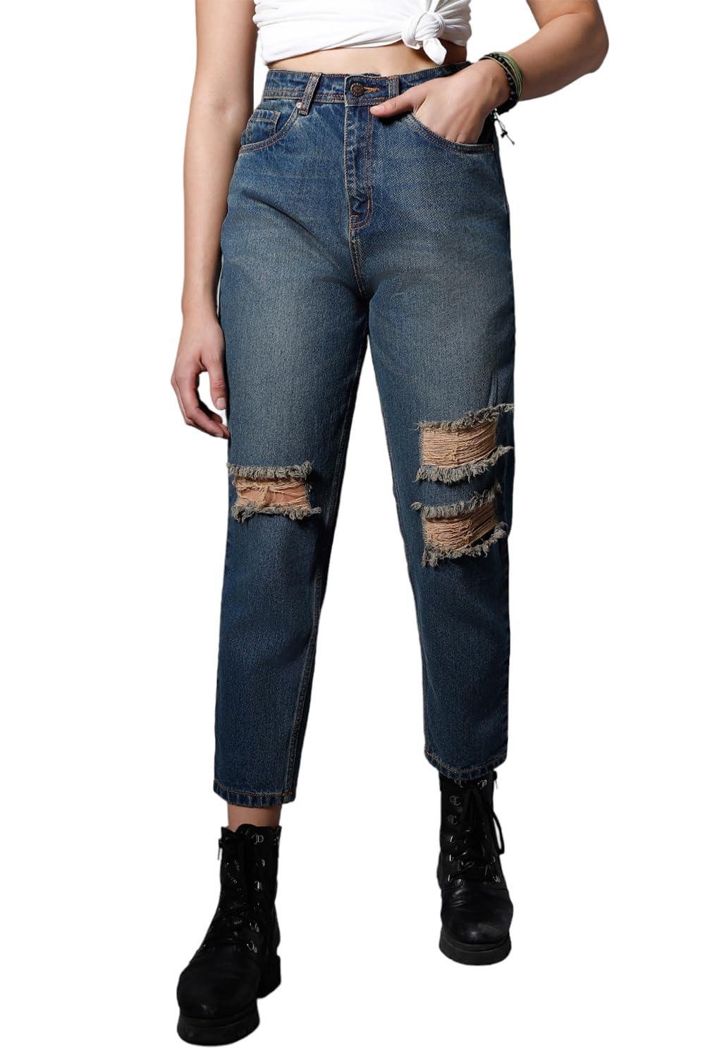 High Star Women Non Stretch Mom Fit High Distress Jeans (Blue, 34)