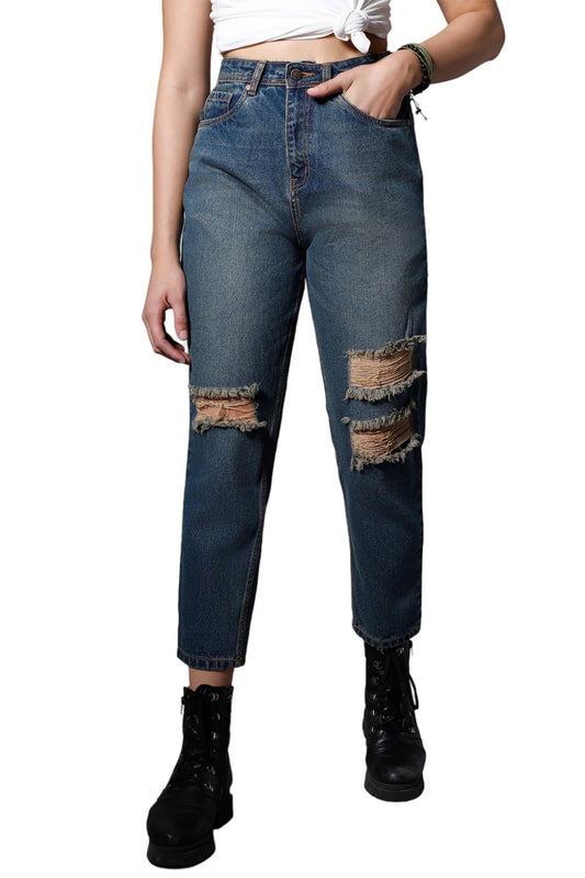 High Star Women Non Stretch Mom Fit High Distress Jeans (Blue, 34)