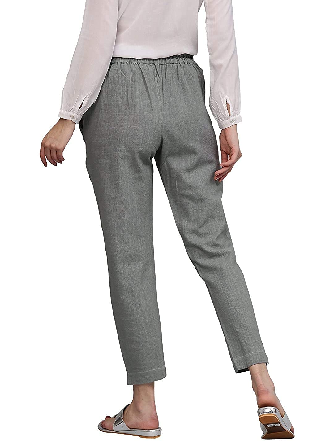 Digital Shopee Women Regular Fit Elastic Waist Full Length Cotton Formal Trouser For Casual Wear, Office Wear Grey