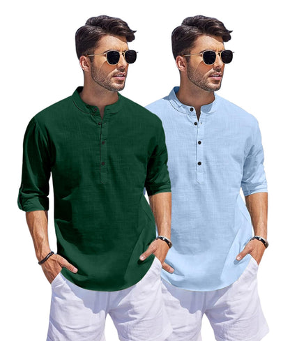 Hemrin Combo Of Men Solid Cotton Blend Straight Kurta Shirt Pack Of 2