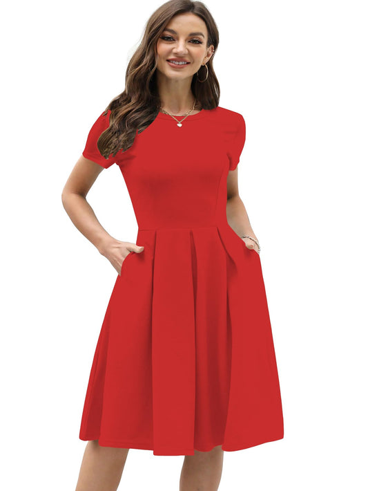 Shasmi GirlS & WomenS Solid Red Color Solid Slant Pocket Fold Pleated, Women Cocktail Party Vintage Style With Pockets Big Swi