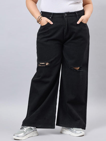 Style Quotient Women Plus Size Black Wide Leg High Rise Jeans
