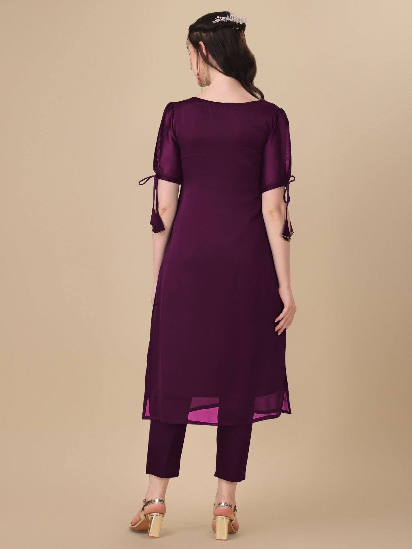Goroly WomenS Silk Blended Solid Embroidered Pattern Straight Cut Kurta Pant With Puff Sleeve V-Neck Ankle Length And A-Line St
