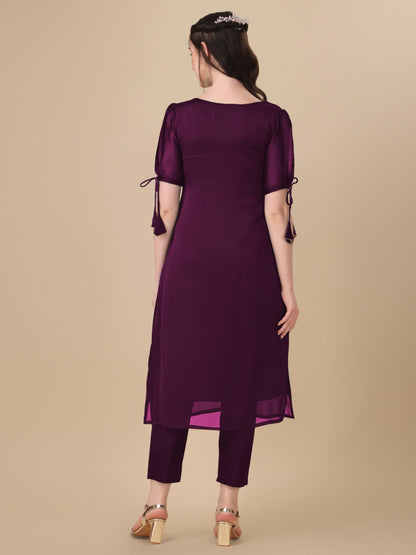 Goroly WomenS Silk Blended Solid Embroidered Pattern Straight Cut Kurta Pant With Puff Sleeve V-Neck Ankle Length And A-Line St