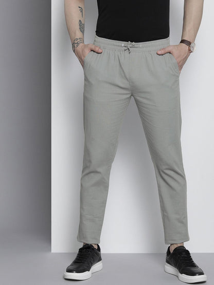 The Indian Garage Co Men Slim Fit Solid Mid-Rise Elasticated Linen Jogger Trouser Natural Grey
